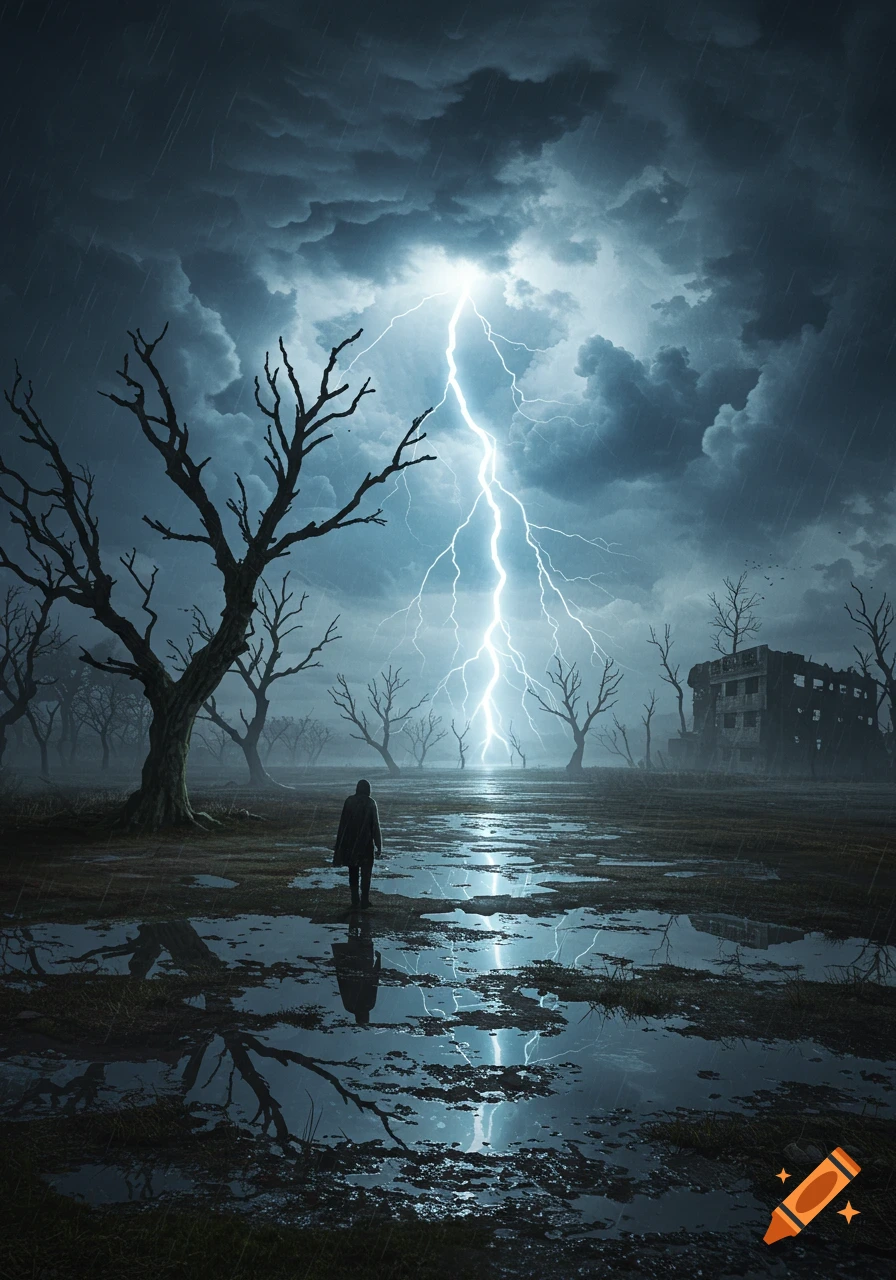A lone figure walks through a flooded, barren landscape under a dark, stormy sky with a bright lightning strike.