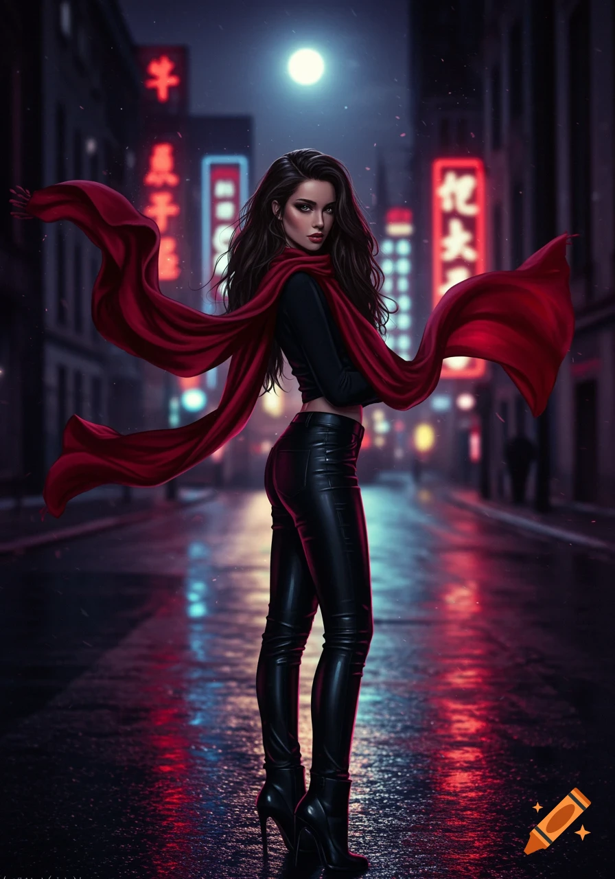 A dark-haired woman in a black top, black leather trousers, and a flowing red scarf stands on a wet city street at night with neon signs.