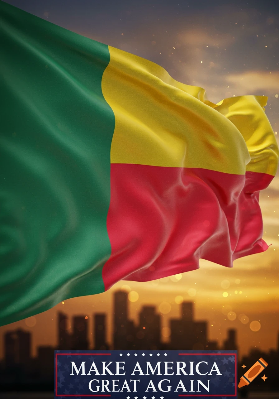A Benin flag waving above a silhouetted city skyline at sunset, with a banner below reading 'MAKE AMERICA GREAT AGAIN'.