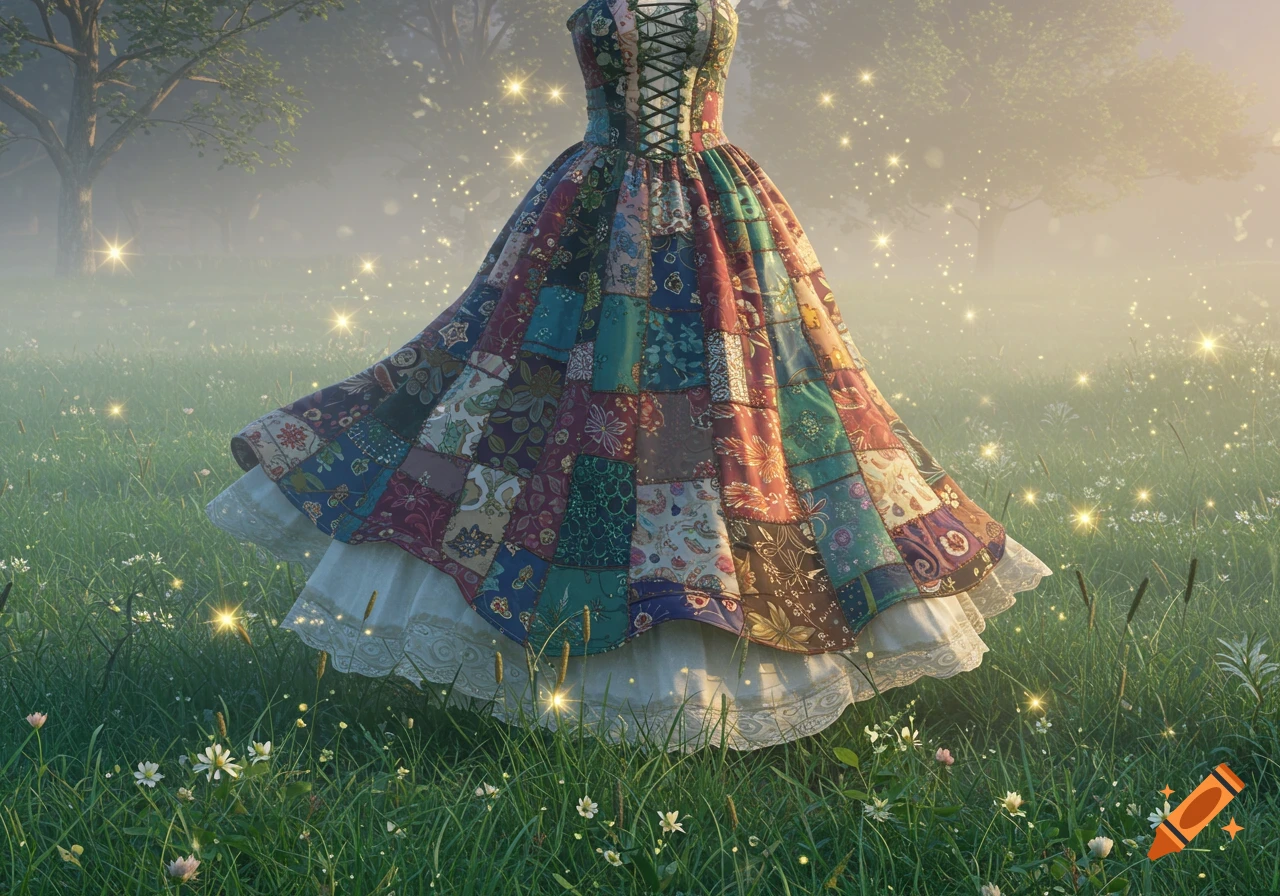 A vibrant patchwork dress with a white underskirt stands in a misty green field filled with sparkling light and small white flowers.