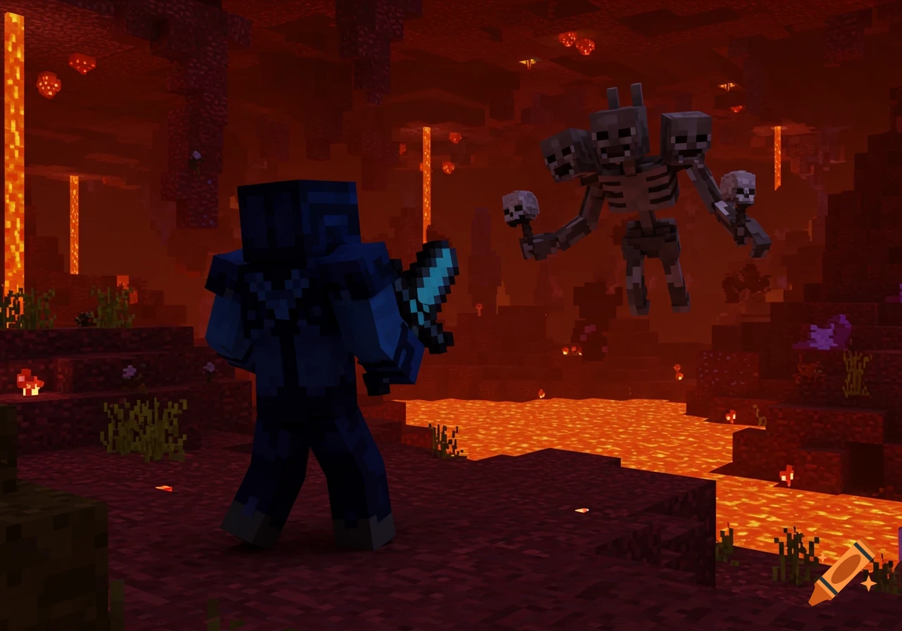 A Minecraft Warden battles a Wither monster in a fiery Nether landscape.