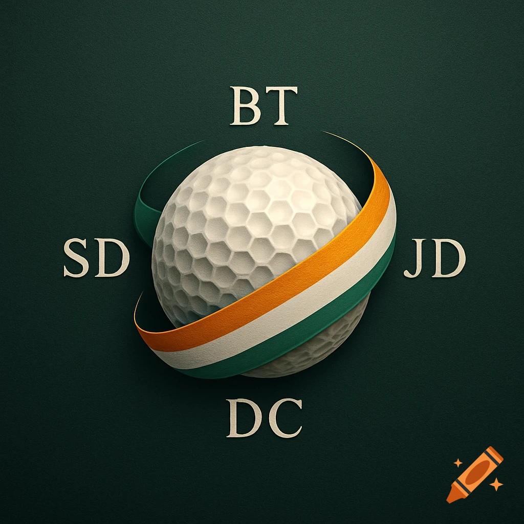 A stylized golf ball with an Irish flag colored ribbon wrapped around it, surrounded by the initials BT, JD, SD, DC on a dark green background.
