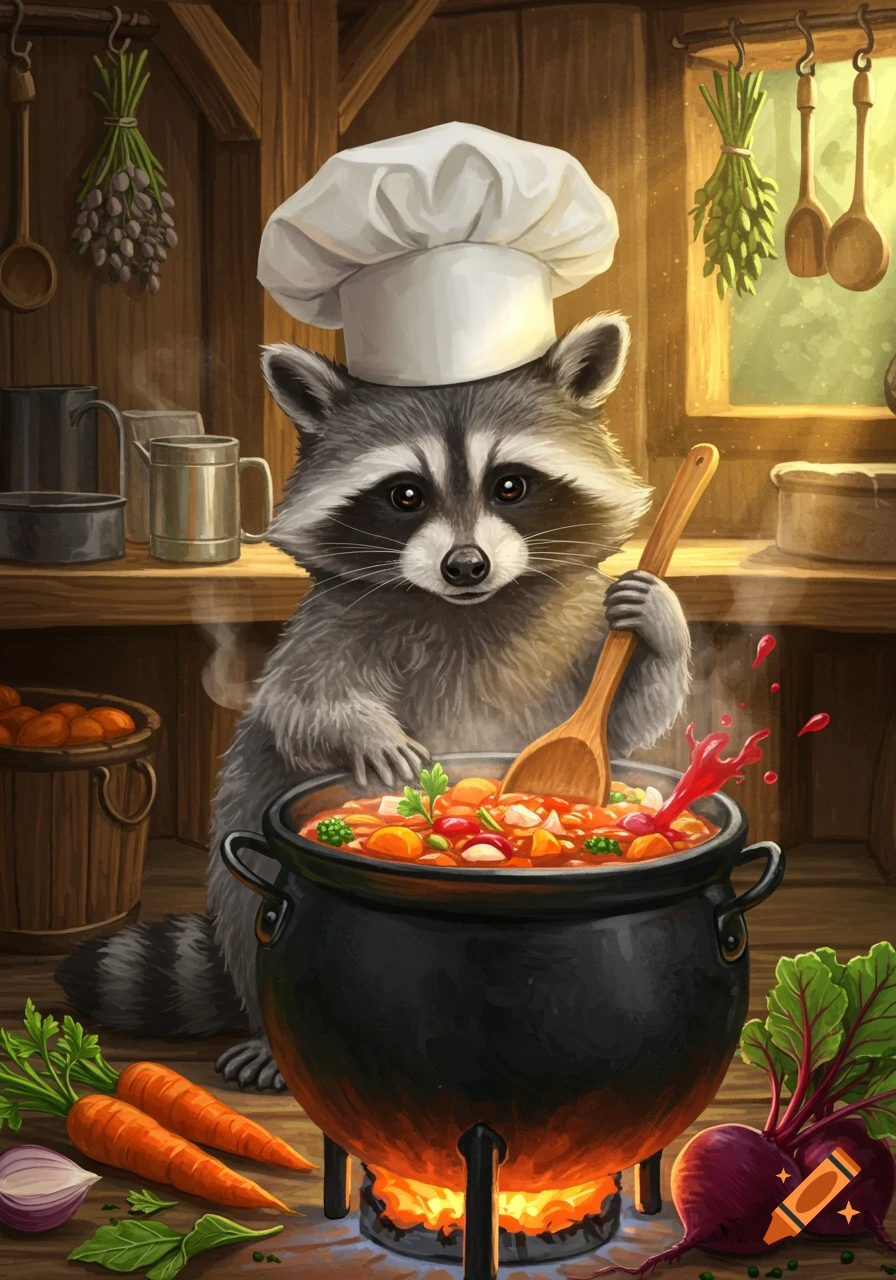 An illustrated image of a cute raccoon chef wearing a white hat, stirring a large pot of stew over a fire in a rustic kitchen.