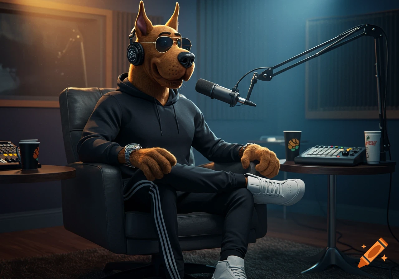 Photorealistic Scooby Doo wearing sunglasses and headphones in a podcast studio, sitting at a microphone.