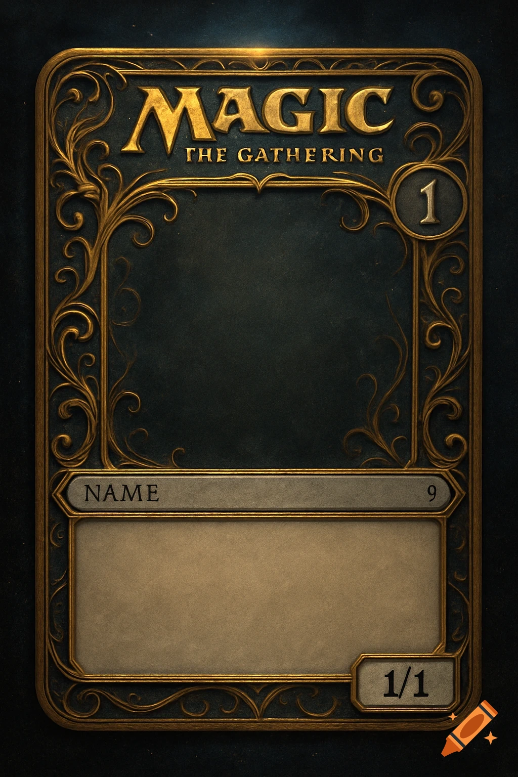 A gold-framed Magic: The Gathering card template with empty fields for image, name, and power/toughness.
