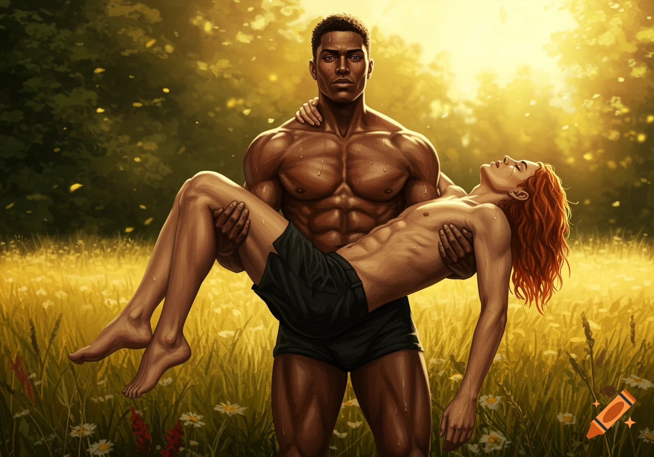 A muscular dark-skinned man carries a lean red-haired man through a sunlit, golden field.