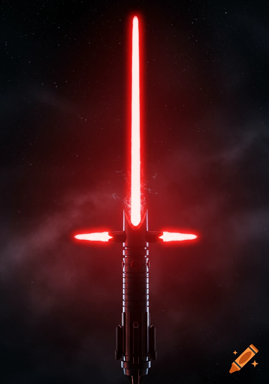 A red lightsaber with an unstable, crackling blade and crossguard emitters against a dark, star-filled background.