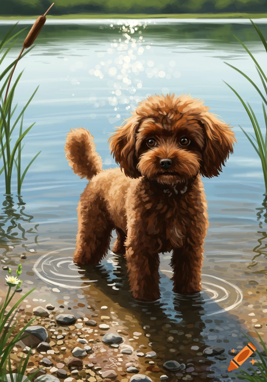 A fluffy brown poodle stands in the shallow water of a lake, surrounded by green reeds, with sunlight sparkling on the water.