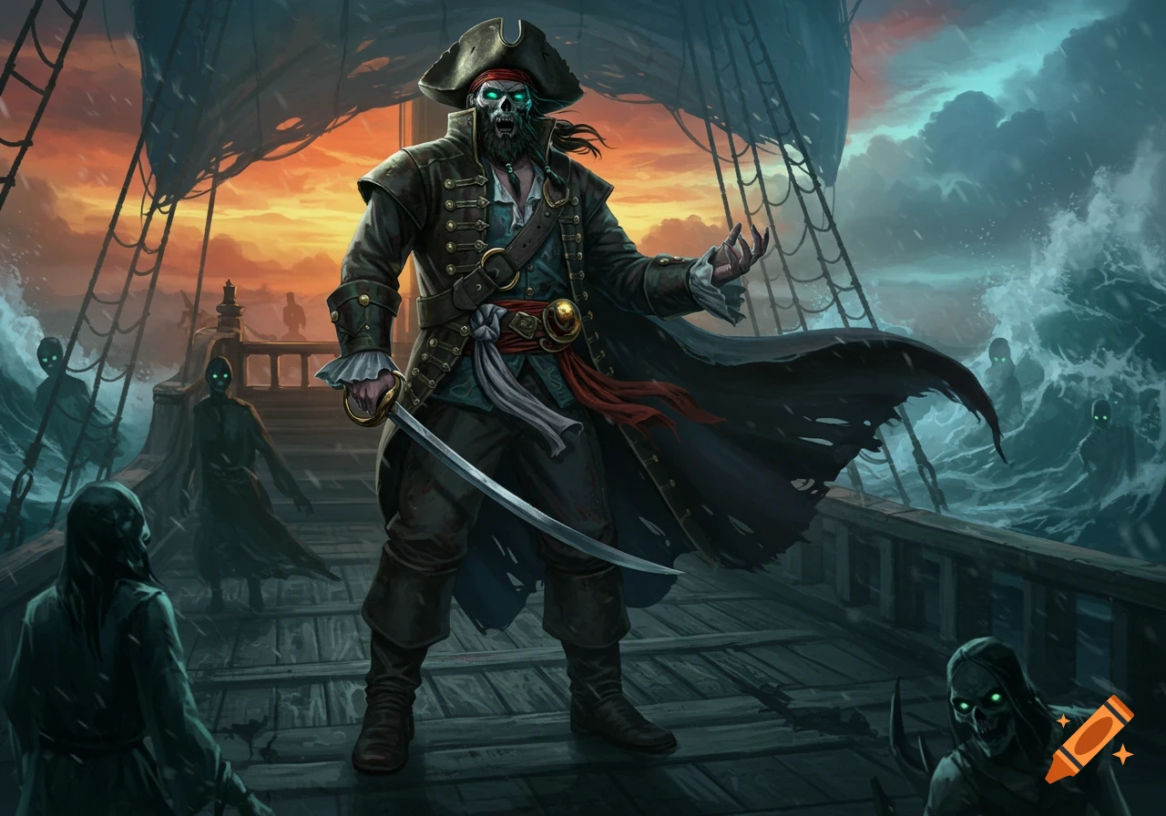 A zombie pirate captain with glowing green eyes stands on a stormy ship deck, holding a cutlass, surrounded by other zombies and crashing waves.
