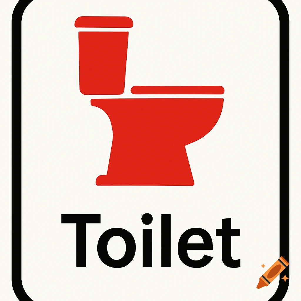 A red toilet symbol above the word "Toilet" in black text, within a black bordered, rounded-corner sign.