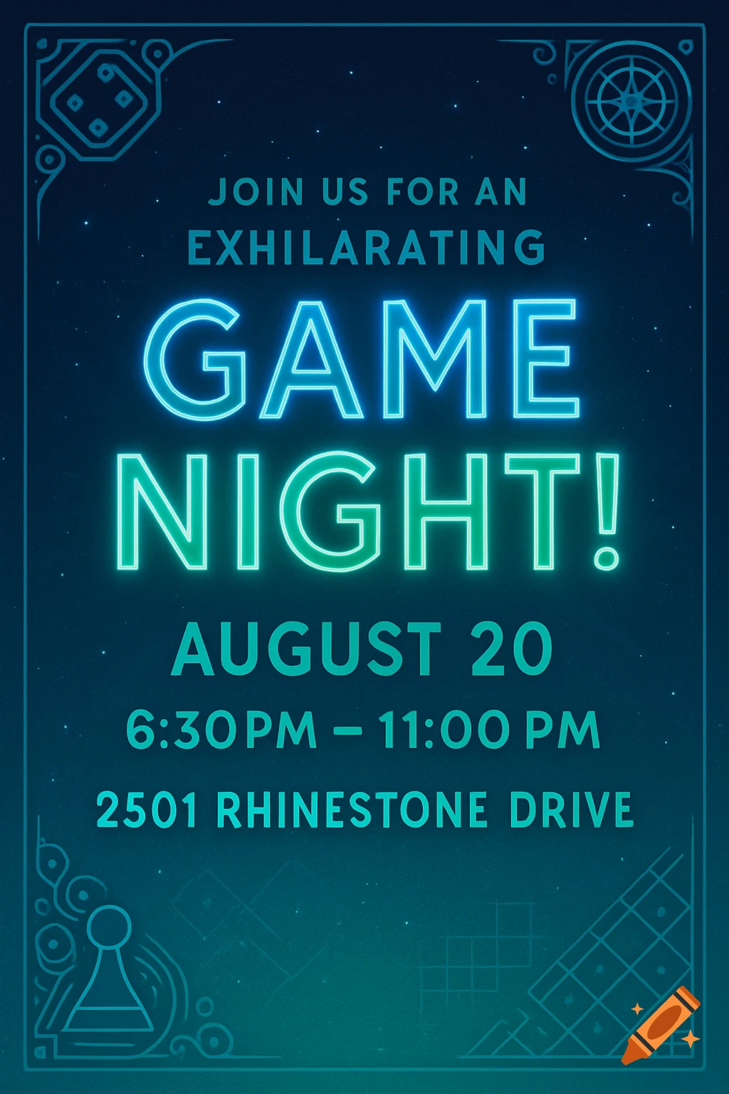 A neon-style invitation poster for an exhilarating game night on August 20, 6:30 PM to 11:00 PM, at 2501 Rhinestone Drive.