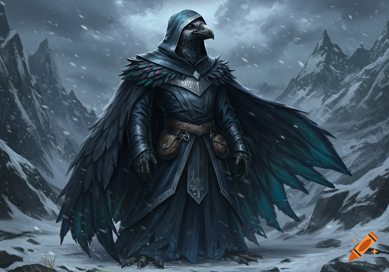 A hooded Kenku Warlock in dark robes and a feather cape with teal highlights stands in a snowy, mountainous wilderness, digital art.