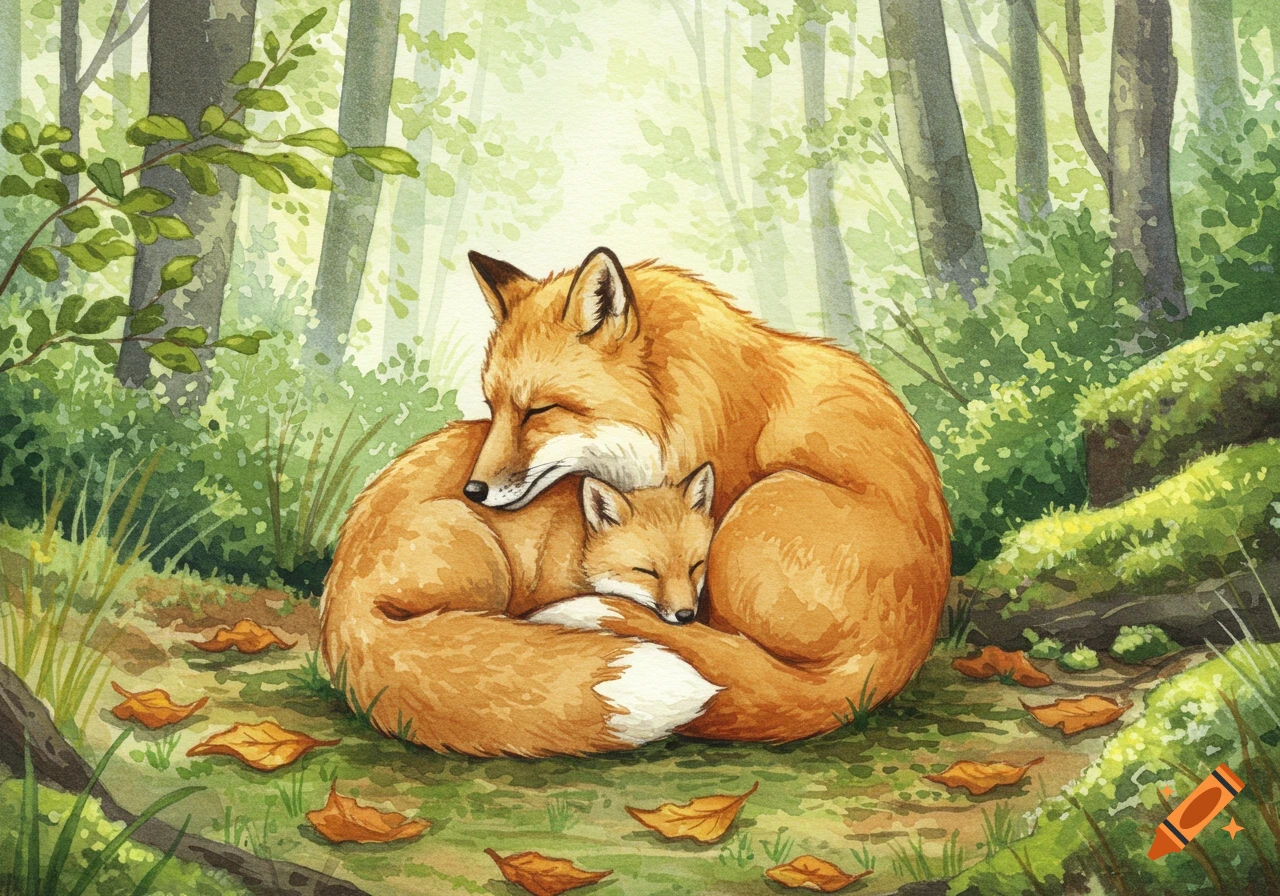 Watercolor painting of a mother fox and her kit curled up sleeping together in a forest among green leaves and fall foliage.