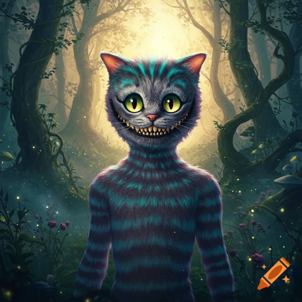 A human-like Cheshire Cat with large green eyes and blue-purple stripes stands in a mystical, glowing forest.