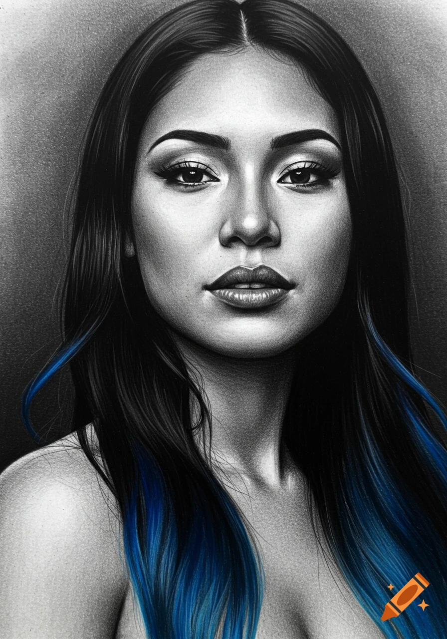 Charcoal portrait of a Latina woman with long black hair with blue ends, looking directly at the viewer.