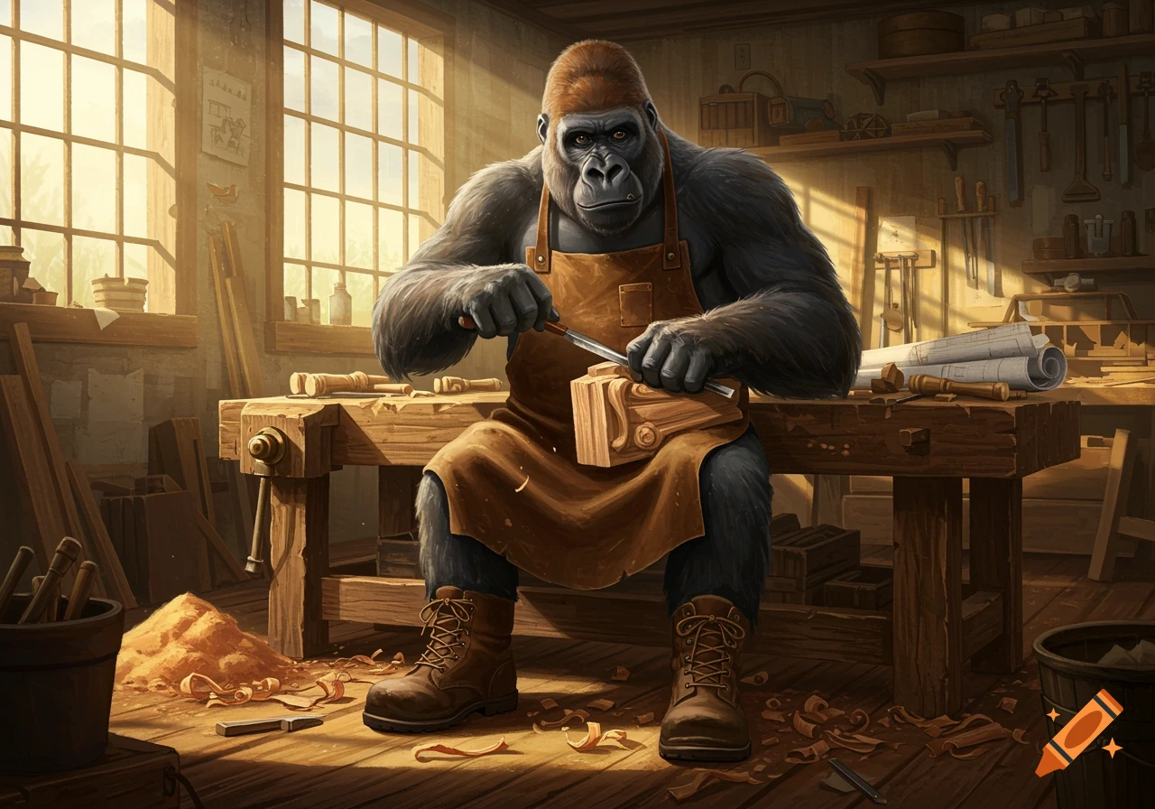 A gorilla in a brown apron sits at a workbench, carving wood with a chisel in a sunlit woodworking shop.