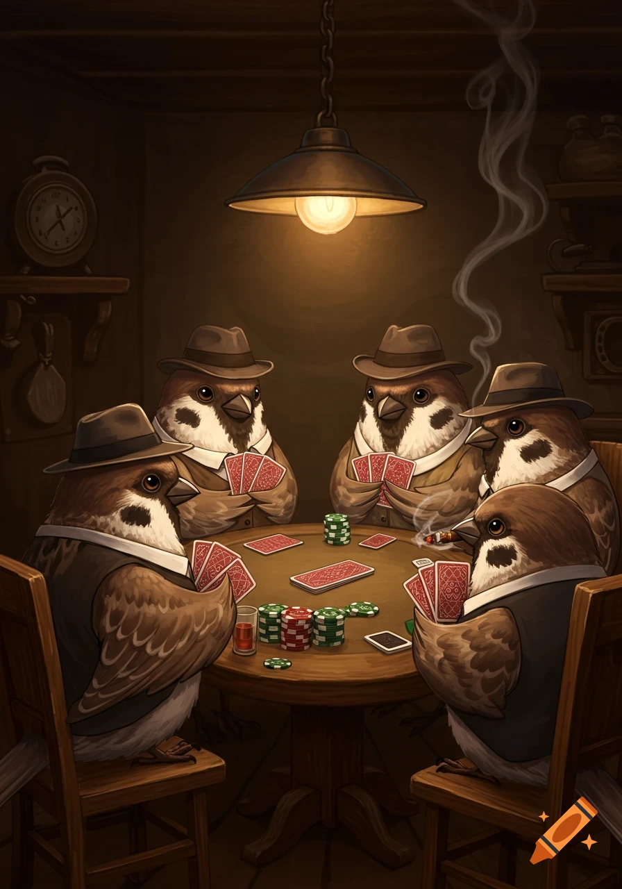 Five anthropomorphic house sparrows in fedoras and suits play poker at a dimly lit wooden table, surrounded by cards and chips. One sparrow smokes a cigar.