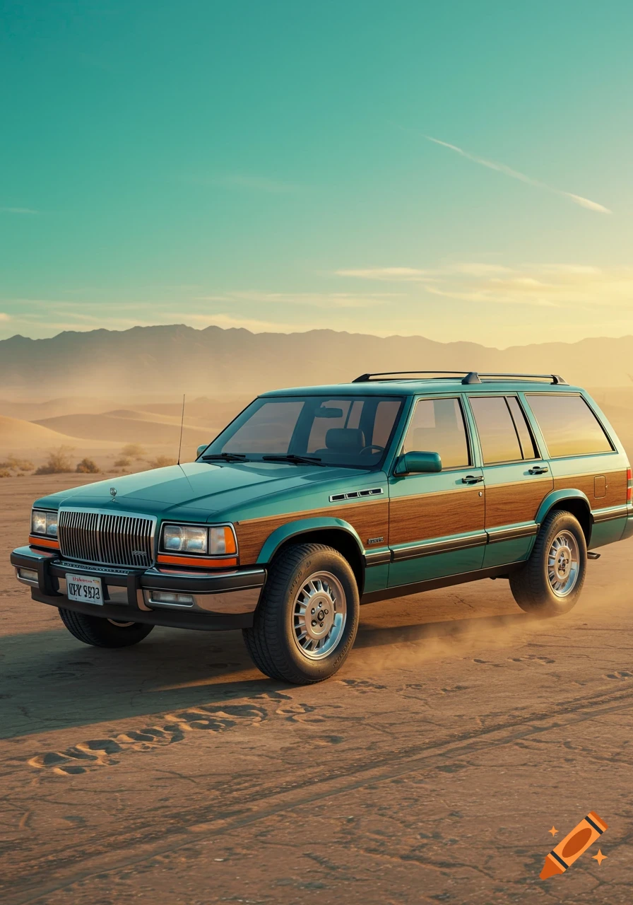 A teal station wagon with wood paneling drives through a dusty desert landscape with mountains under a clear sky.
