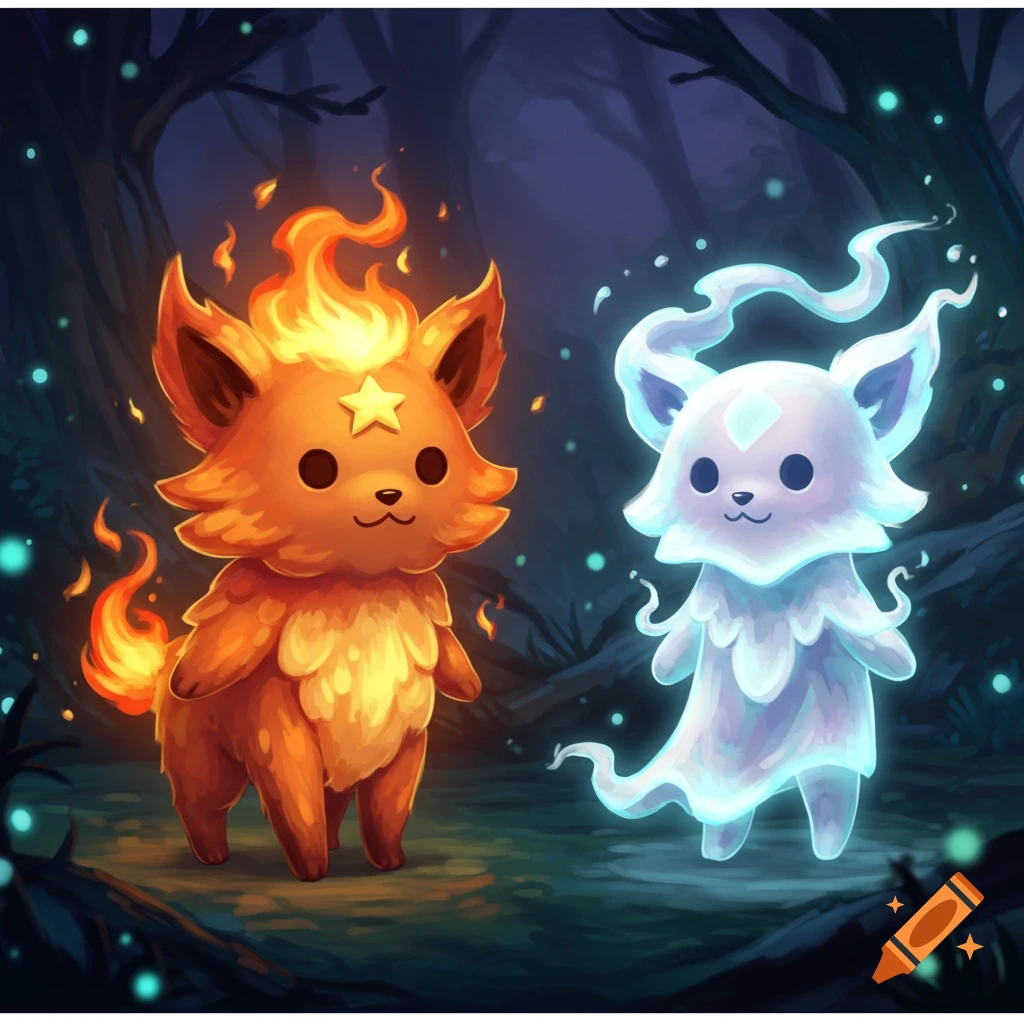 Two cute elemental creatures, one fire-themed and one ghost-themed, stand in a dark, glowing forest.