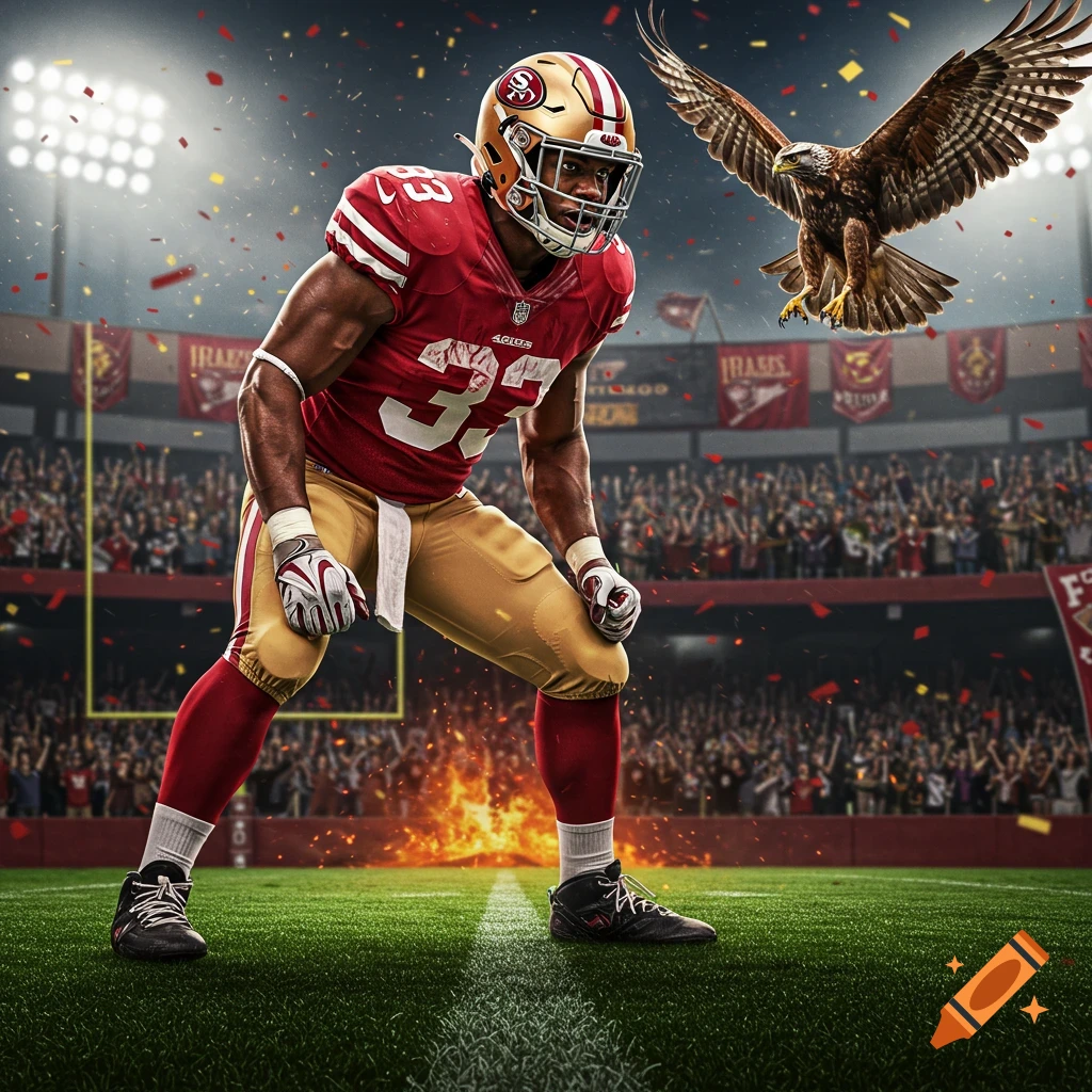 A muscular American football player in a red and gold jersey with number 33, stands aggressively on a green field in a stadium, with an eagle flying overhead and confetti in the air. The image has a dynamic, photorealistic style.