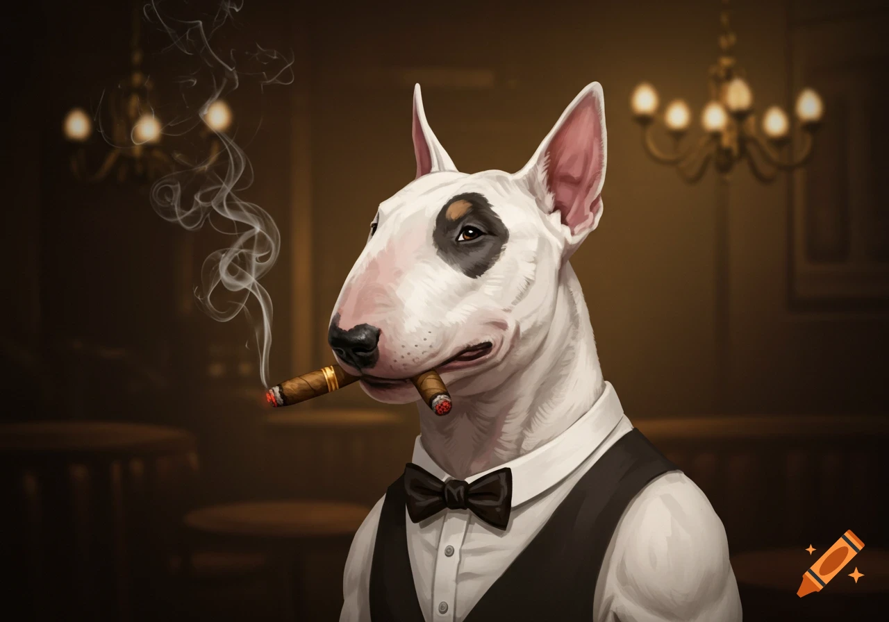 Illustration of a white Bull Terrier wearing a vest and bow tie, smoking a cigar in a dimly lit room.