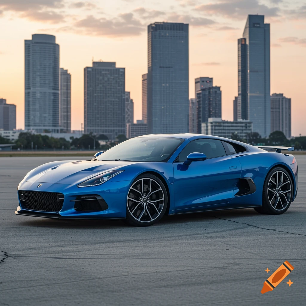 A sleek blue sports car parked on an asphalt surface with a city skyline at sunset.