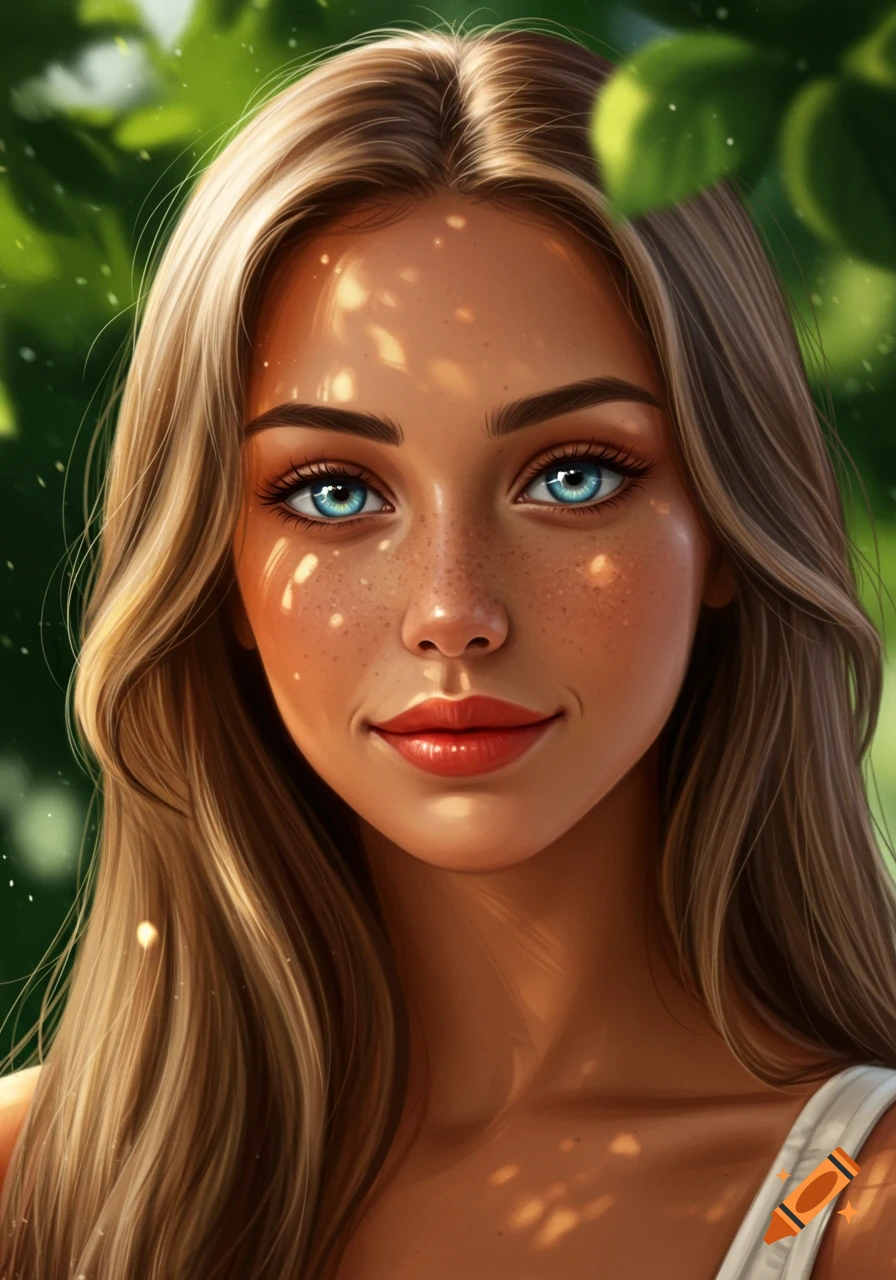 Close-up digital painting of a woman with long light brown hair, blue eyes, freckles, and sun-dappled face.