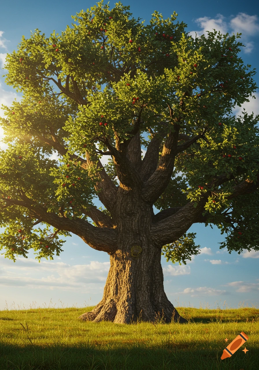 A large, old tree with green leaves and red fruit stands in a sunlit grassy field under a blue sky with white clouds.