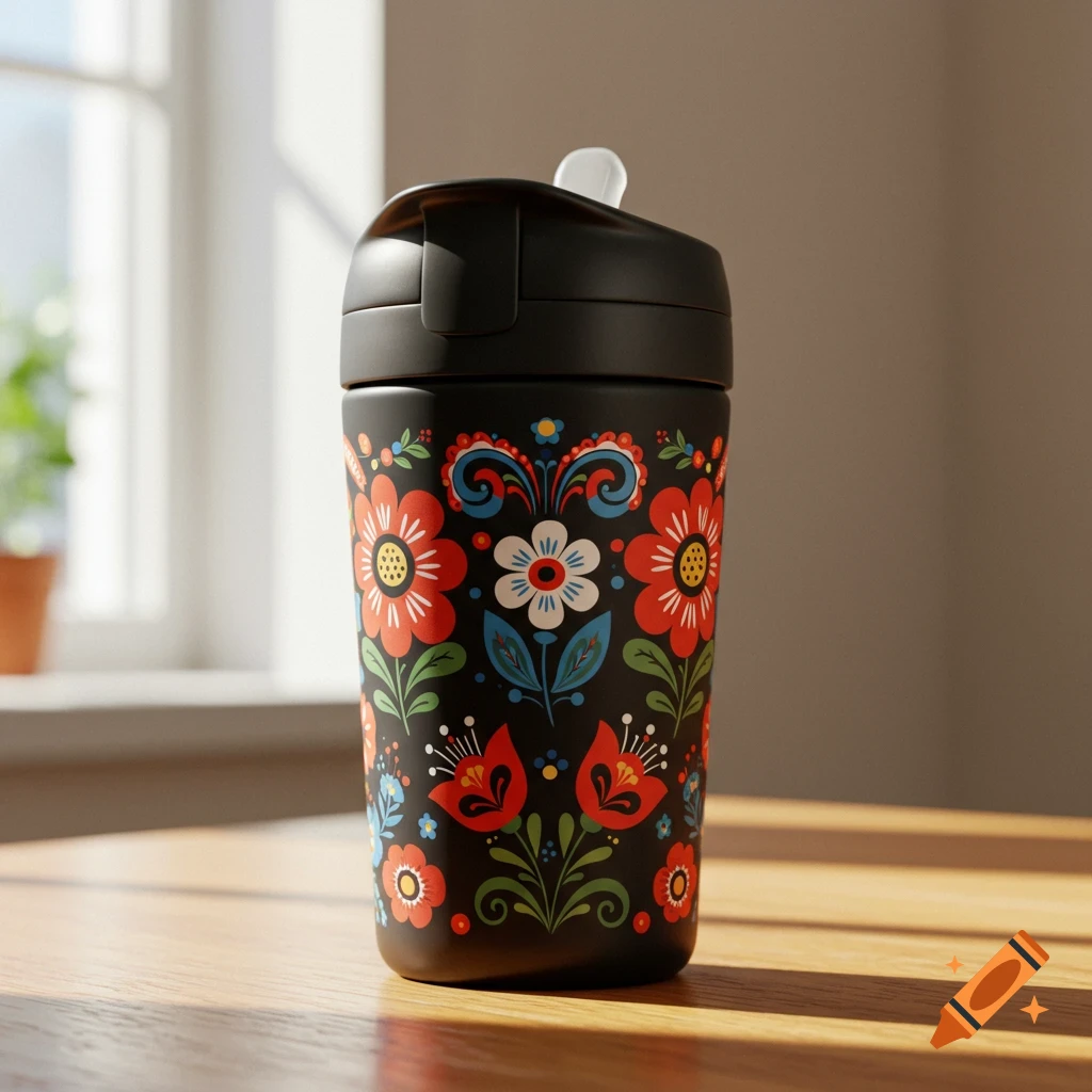Black toddler cup with colorful Scandinavian folk art flowers on a wooden table near a window.