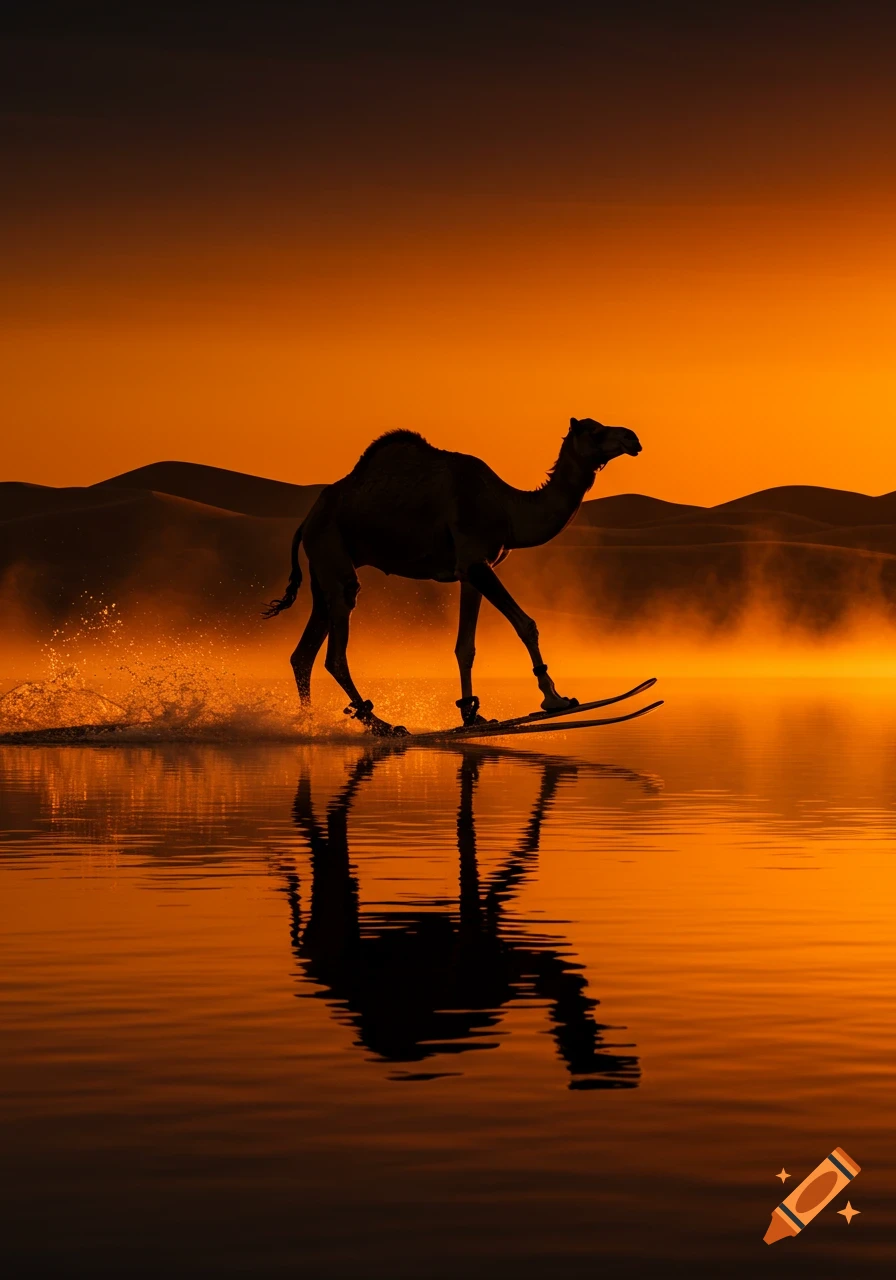 Silhouette of a camel water skiing across a calm body of water at sunset, with desert dunes in the background.