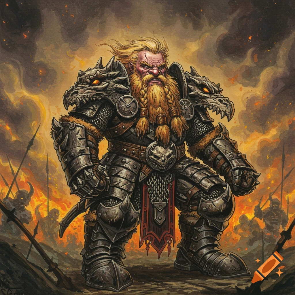 An imposing dwarf warrior in dark dragon bone armor with a blonde beard stands menacingly before a fiery battle.