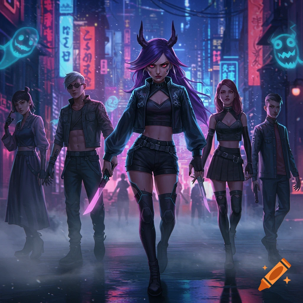 A group of diverse demon hunters, led by a horned woman, walk through a neon-lit cyberpunk city at night, holding glowing knives.