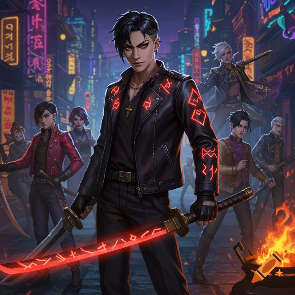 A group of diverse demon hunters, led by a black-haired man with glowing red eyes and a black leather jacket with red runes, stand in a neon-lit alley at night, holding a glowing red sword.