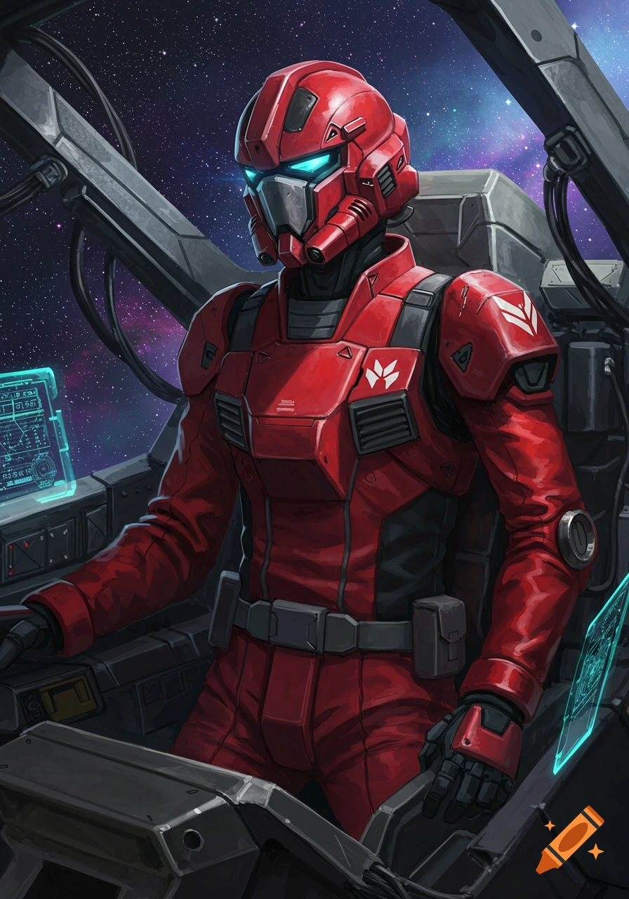 A pilot in a red armored suit with glowing blue eyes sits in a spaceship cockpit against a starry background.