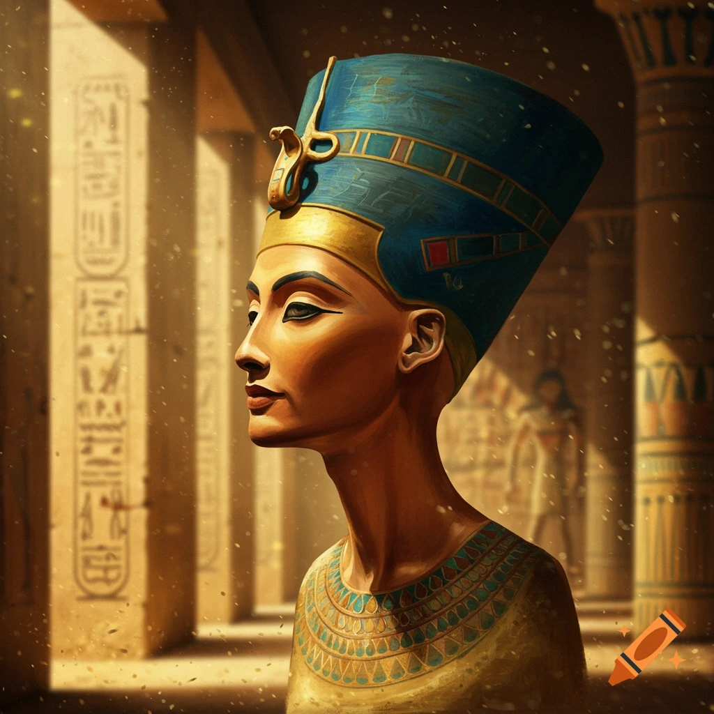 A detailed bust of Nefertiti in a blue and gold headdress, looking left, in an ancient Egyptian temple with hieroglyphs.