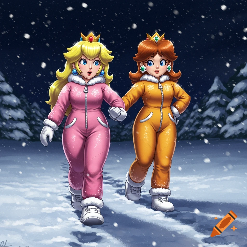 Princess Peach in pink and Princess Daisy in orange snowsuits walk hand-in-hand on a snowy path at night.
