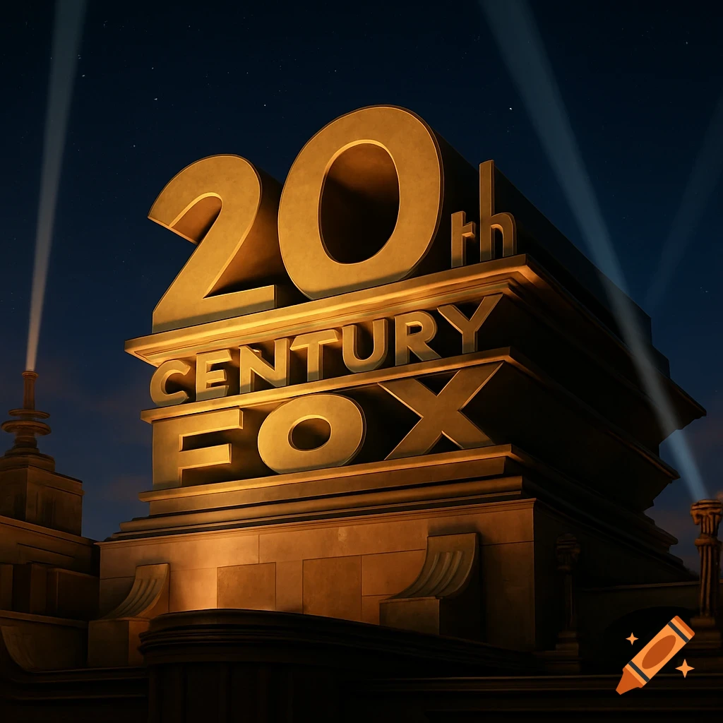 The golden 20th Century Fox logo standing majestically against a dark night sky with searchlights, photorealistic style.