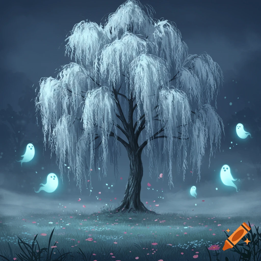 A mystical scene with a glowing white willow tree in a misty field, surrounded by floating blue Will-o-Wisps and pink flowers.