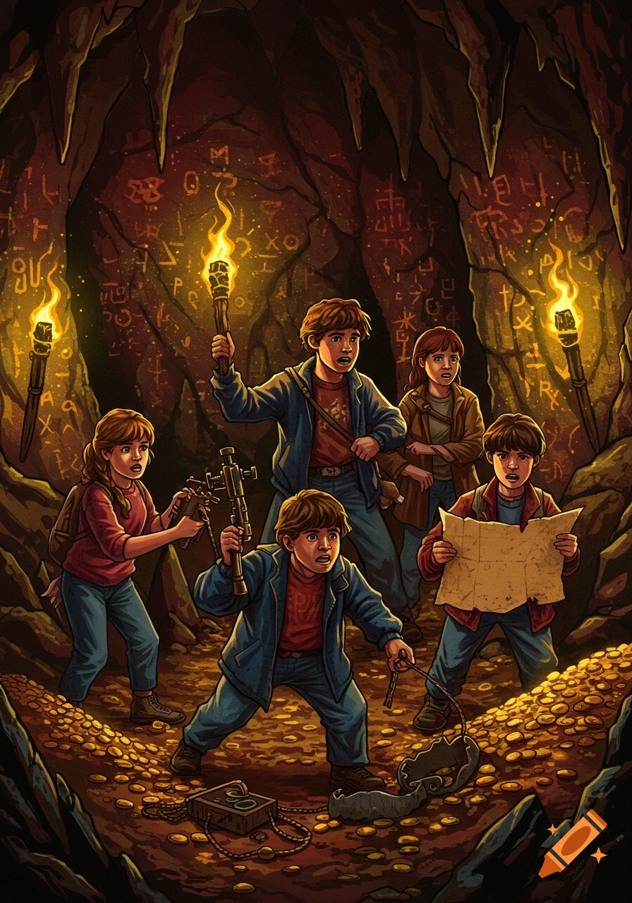 A group of five children explores a dark, torch-lit cave filled with ancient symbols on the walls and gold coins on the ground, some holding a map, a torch, or a device, in a stylized illustration.
