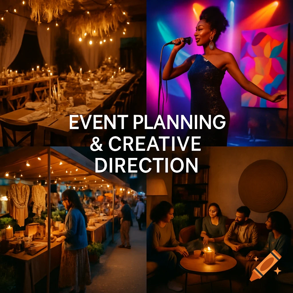 A four-panel graphic showing various events: a decorated dinner table, a singer on stage, a pop-up market, and people chatting. Text overlay reads "EVENT PLANNING & CREATIVE DIRECTION".