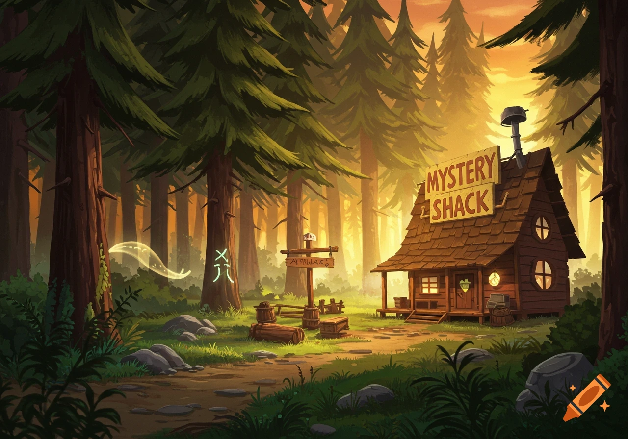 Cartoon style depiction of the Mystery Shack in a vibrant, sunlit forest with glowing symbols.