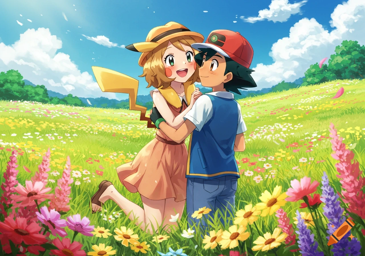 Ash and Serena from Pokemon embrace in a vibrant, sunlit meadow filled with colorful flowers, in an anime style.