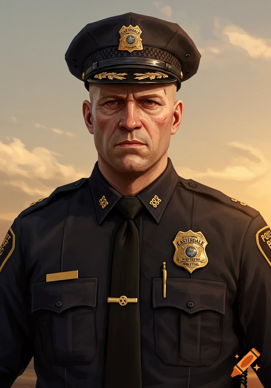 A bald white man in a black police chief uniform and cap, with a serious expression, stands against a warm sky.