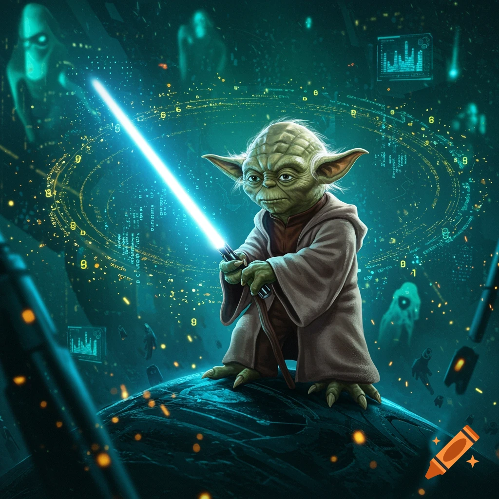 Green-skinned Master Yoda holding a blue lightsaber, surrounded by glowing data and numbers in a futuristic, digital background.