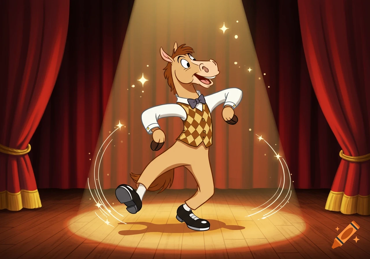A cartoon horse wearing a vest and bow tie tap dances under a spotlight on a wooden stage with red curtains.