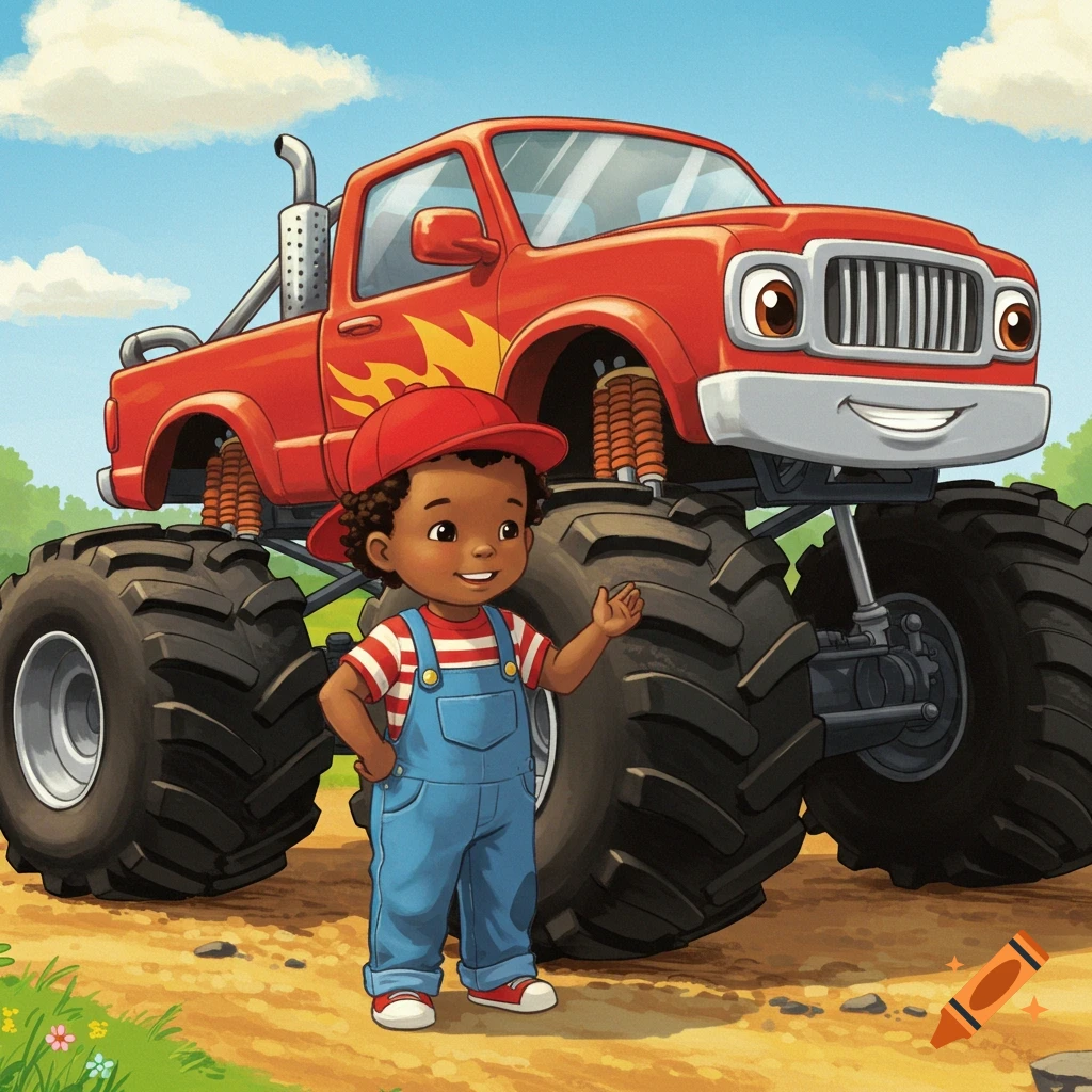 Storybook illustration of a smiling African American boy in blue overalls standing next to a red monster truck with a smiling face on a sunny day.
