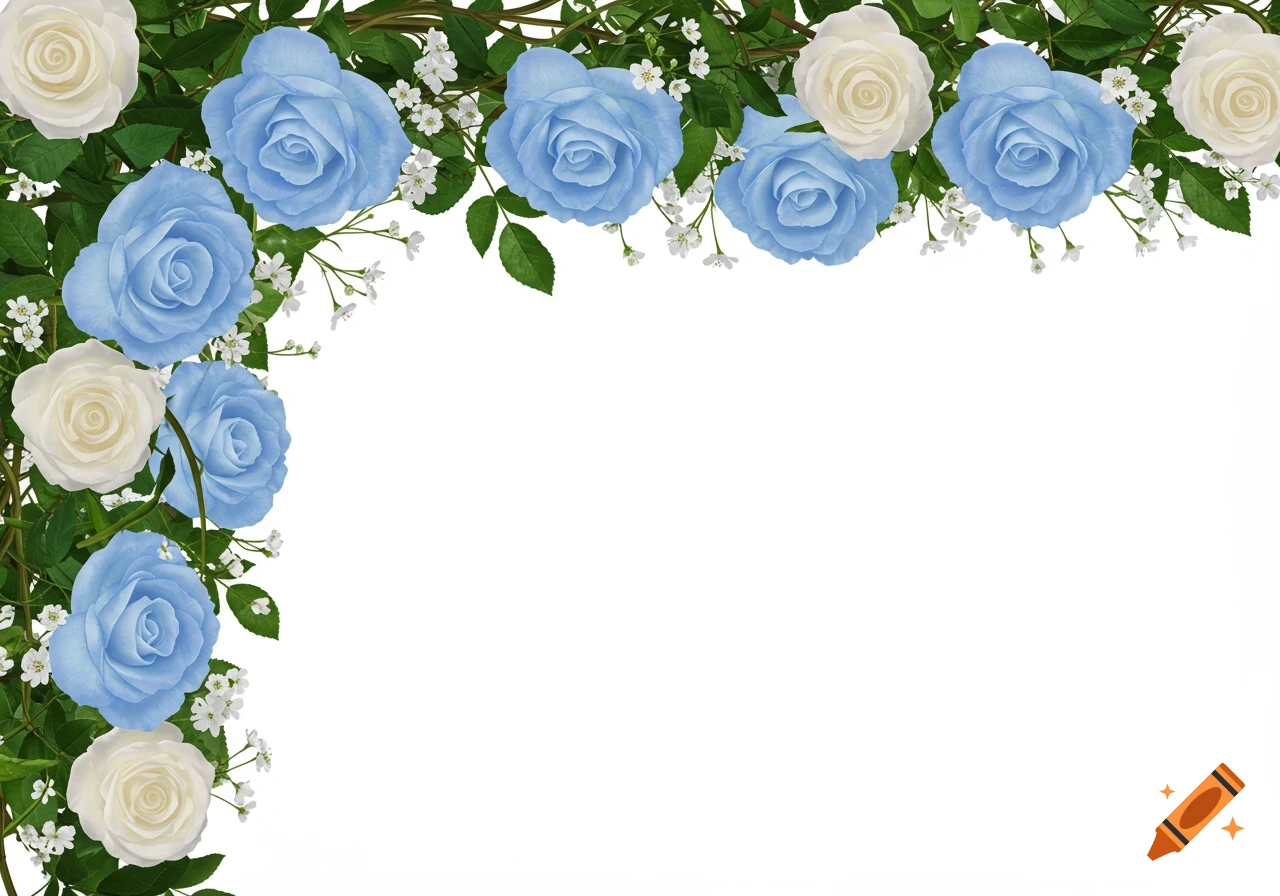 Photorealistic floral border with blue and white roses, green vines, and small white flowers forming a corner frame.