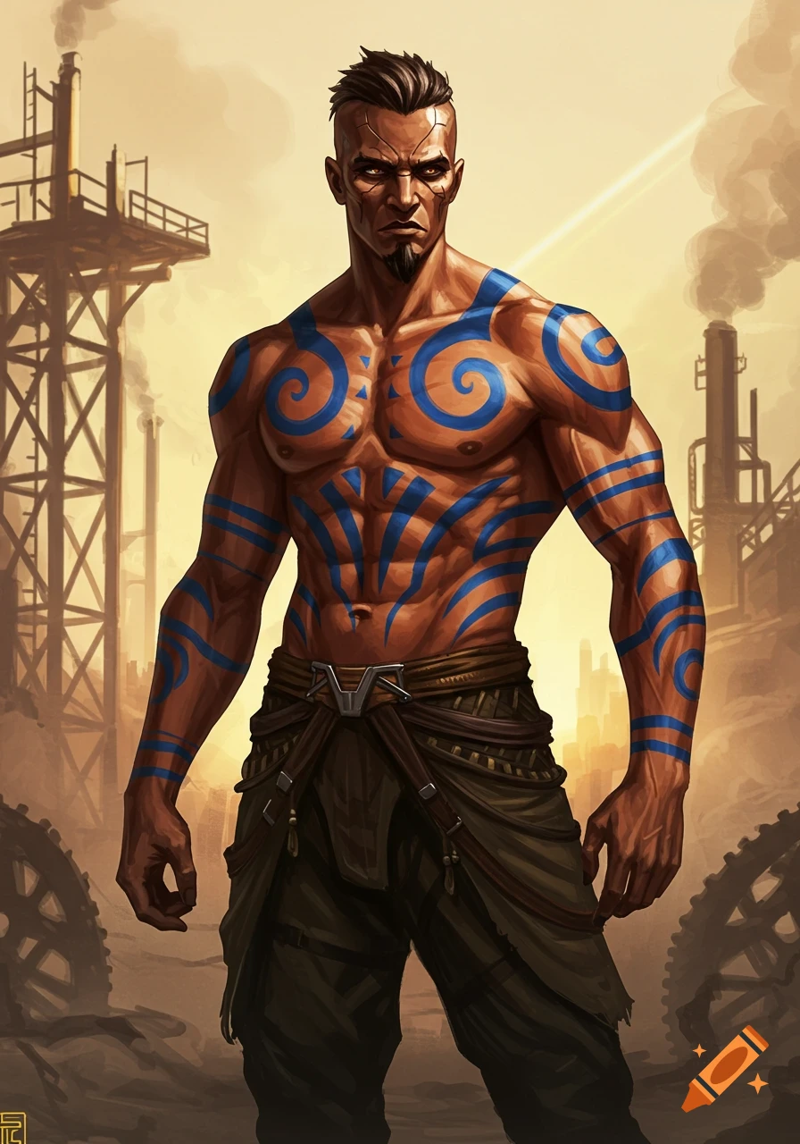 A muscular man with blue tribal tattoos stands in an industrial wasteland under a yellow sky, in a stylized illustration.