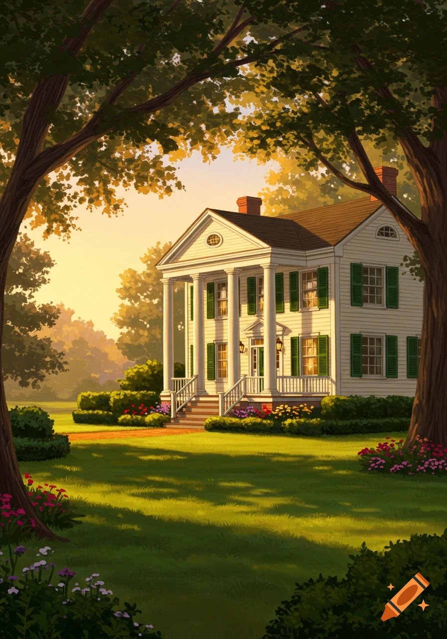 A stately white colonial house with green shutters and pillars, surrounded by a lush green lawn and trees under a golden sunset.