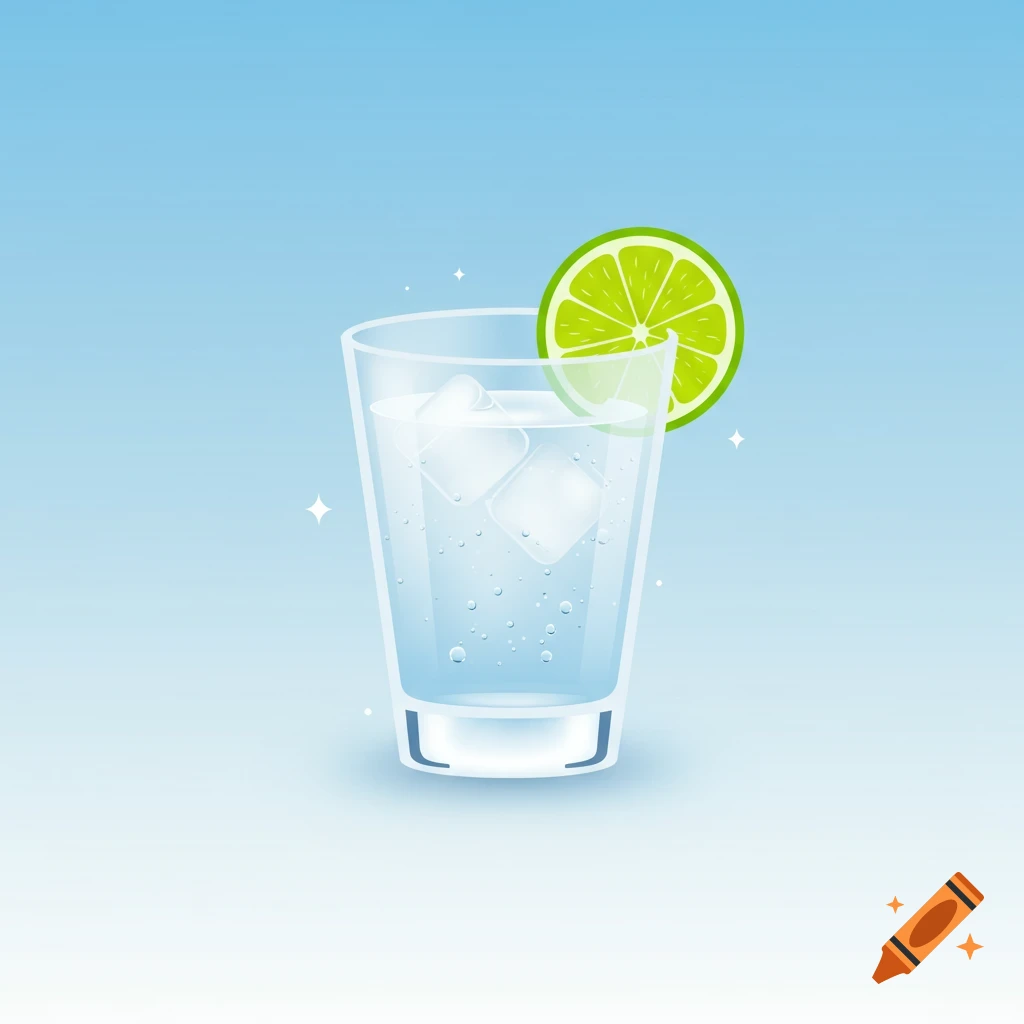 A stylized illustration of a glass of gin and tonic with ice cubes and a lime slice on a blue background.